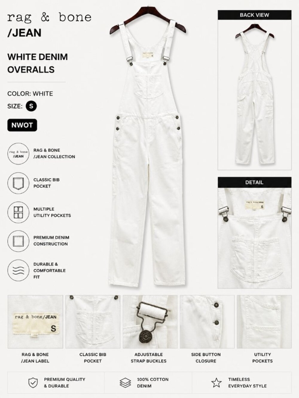 NWOT Rag & Bone JEAN White Denim Overalls Women's Size S